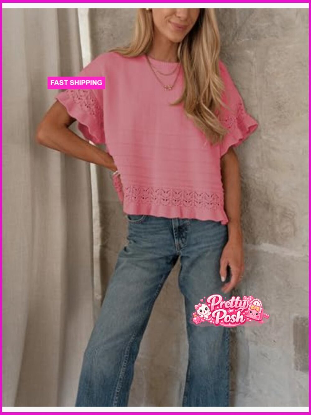 Short Sleeve Crochet Pullover Sweater with Ruffled Hem Crew Neck Summer Fall - Picture 5 of 7